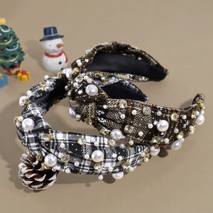 Christmas plaid knot headband with rhinestones and faux pearls for elegant women's hair styling