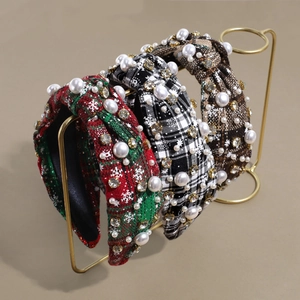 Three-piece Christmas plaid knotted headbands with pearls and rhinestones on gold stand