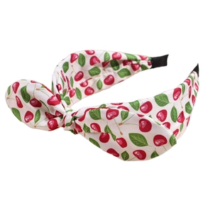 Sweet white headband with red cherry print and large bow knot for women and girls
