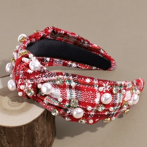 Detail of Christmas plaid headband with faux pearls and rhinestone embellishments