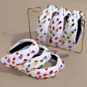 Women's Fashion White Fabric Knotted Wide Headband Fruit Strawberry Lemon Pattern Rhinestone Embellished Handmade Hair Accessory