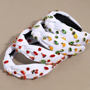 Three-piece white knotted headbands with colorful fruit charms and rhinestones