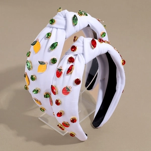 Two-pack white knotted headbands with sparkling rhinestones and fruit enamel charms