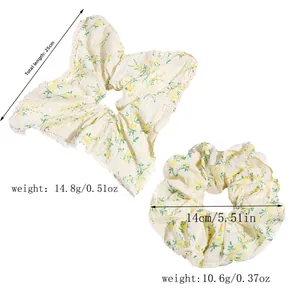 Floral scrunchie set with lace trim and bow design showing dimensions and weight
