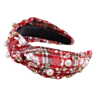 Christmas plaid headband with pearls, rhinestones and snowflakes in festive red and green