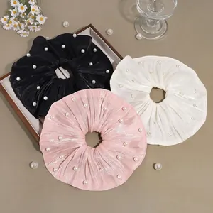 Grand Chouchou en Tissu Plissé Avec Fausse Künstliche Perle Élégant Style Français Élastique à Cheveux pour Femme Mariage Fête Accessoires