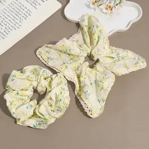 Yellow Fresh Floral Fabric Scrunchie With White Lace Trim Sweet Bow Hair Tie Elegant Handmade Hair Accessory For Women