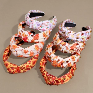 Knotted headbands with Thanksgiving maple leaves, turkey patterns, and rhinestones