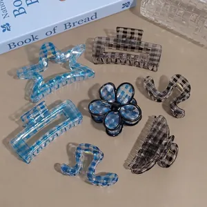 Acrylic Checkered Hair Claw Clip For Women Korean Fashion Blue Black Gingham Star Flower Rectangle Shark Hair Clips