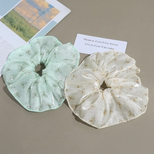 Floral organza scrunchies with butterfly print in mint green and cream white colors