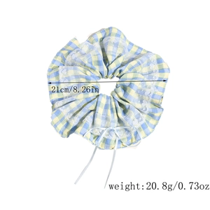 Lace-trimmed blue and yellow plaid scrunchie with white bow, 21cm diameter detail
