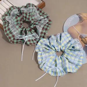 Women Korean Oversized Checkered Hair Scrunchie With White Lace Edge And Ribbon Bow Sweet Fabric Elastic Hair Tie Handmade Headwear