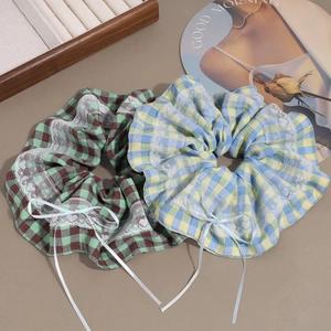 Plaid scrunchies set with lace edges and bows in green and blue vintage style