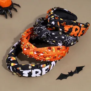 Cerchietto Largo Annodato di Halloween per Donna Stoffa Stampata a Ragnatela Fantasma Con Strass Fascia per Capelli di Moda