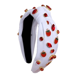 White knotted fabric headband with sparkling red rhinestones and cute strawberry charms