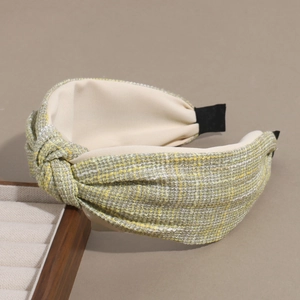 Elegant tweed knotted wide headband with yellow and white woven pattern for women