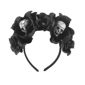 Gothic Halloween headband with black lace roses and white skulls for cosplay costumes