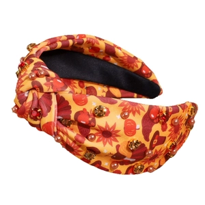 Orange Thanksgiving headband with turkey, pumpkin prints, knot design, and crystal pearls