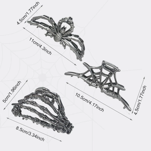 Tableau des tailles pour pinces à cheveux gothiques en métal avec araignée et crâne