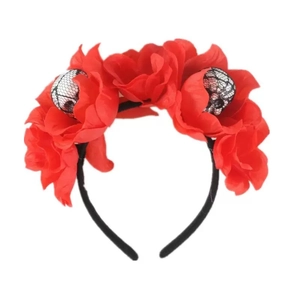 Detail of gothic Halloween headband with red roses, lace-covered eyeballs and black frame