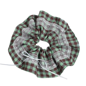 Checkered lace scrunchie with heart patterns and white bowknot hair accessory
