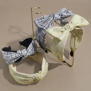 Vintage Plaid Tweed Bow Headband For Women Elegant Wide Brim Knotted Hair Band Stylish Hair Hoop Daily Hair Accessories