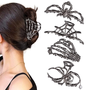Pinces à cheveux gothiques en métal noir avec main de squelette et araignée pour Halloween