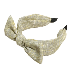 Elegant tweed bow headband with yellow and grey woven fabric for women daily styling