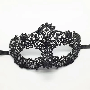Detailed macro view of black lace masquerade mask with intricate floral embroidery