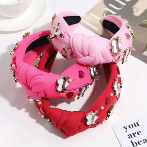 Mode Retro Breiter Rand Geknoteter Haarreif Für Damen Strass Herz Kunstperle Dekor Stoff Haarband Kopfschmuck Accessoires