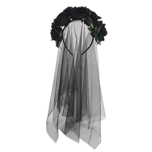 Gothic black rose headband with long lace veil for Halloween and cosplay costumes
