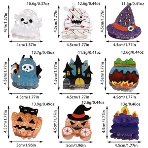 Detailed size chart for Halloween hair clips featuring ghost, pumpkin, and wizard hat designs