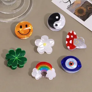 Mignonnes Mini Pinces à Cheveux en Plastique pour Femmes Filles Dessin Animé Fleur Arc-en-ciel Mauvais Œil Trèfle Yin Yang Sourire Champignon