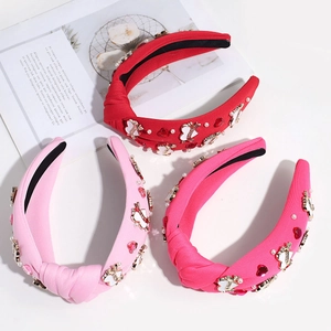 Dreiteiliges geknotetes Stirnband-Set mit Herzen, Perlen und Strass in Rot und Rosa