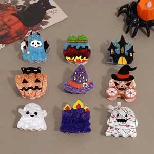 Halloween Ghost Pumpkin Witch Hat Hair Claw Clip Plastic Cartoon Bat Spider Castle Haunted House Hair Accessories For Women