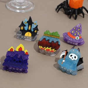 5-piece set of Halloween glitter hair claws featuring ghost, pumpkin, and witch designs