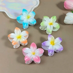 Five-piece set of gradient Plumeria flower hair claws in multiple colors for vacation