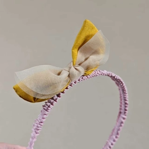 Cute Korean style mesh bow headband with lavender elastic band and yellow tulle accent