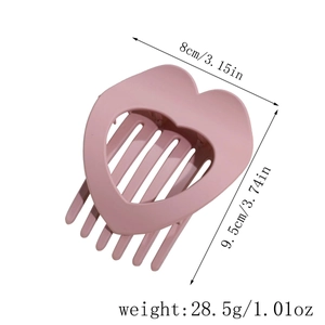 Flat heart hair claw clip in matte pink with hollow design measuring 8cm by 9.5cm