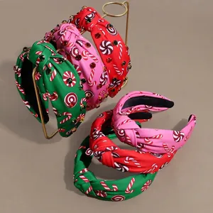 Christmas Knotted Wide Headband For Women Candy Print Cloth Rhinestone Fashion Hair Band Festive Headwear Accessories Gift