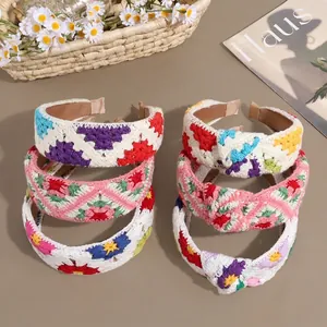 Handmade Crochet Flower Headband Pastoral Bohemian Knotted Wide Knitted Hair Band For Women Daily Vacation Hair Accessory