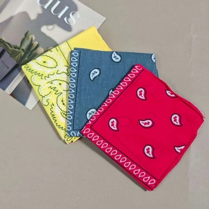 Ethnic paisley pattern square bandana set in yellow, denim blue, and red cotton fabric