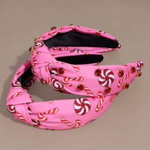Pink Christmas knot headbands with candy cane prints and sparkling red rhinestones