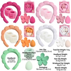 Detailed view of plush spa headband and wristband set showing sizes and multiple colors