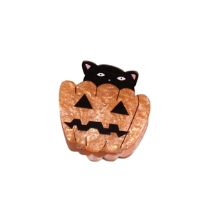 Halloween pumpkin and black cat hair claw clip in orange glitter acetate for women