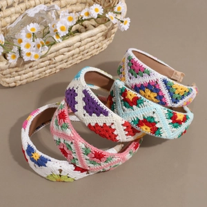 Handmade crochet knit headbands with colorful floral grandmother square patterns