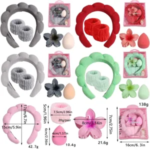 Detailed dimension guide for plush headband, wristbands, flower claw clip and beauty blender