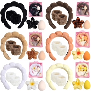 6-color set of twist sponge headbands with matching wristbands and makeup accessories