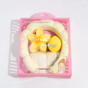 Skincare accessory set with yellow plush headband, wristbands and beauty blender in box