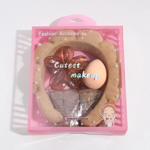 Brown spa headband and wristband set with flower hair clip in pink transparent gift box